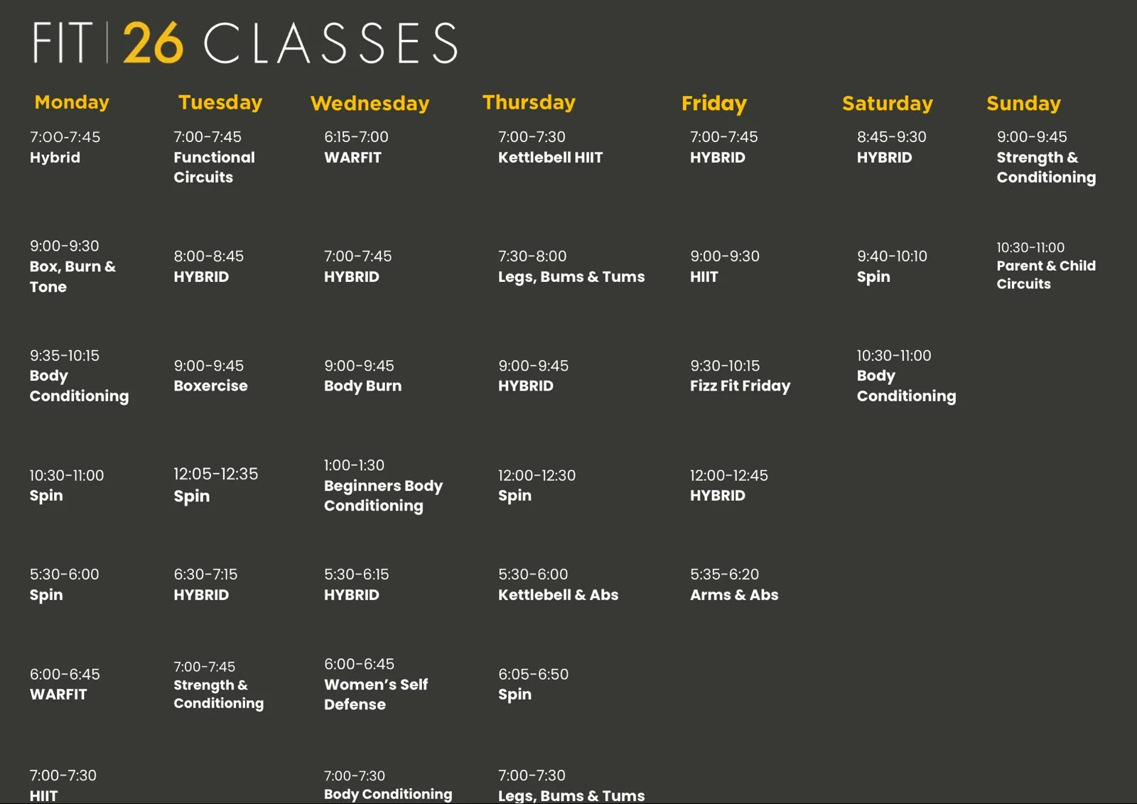 FIT26 gym class timetable