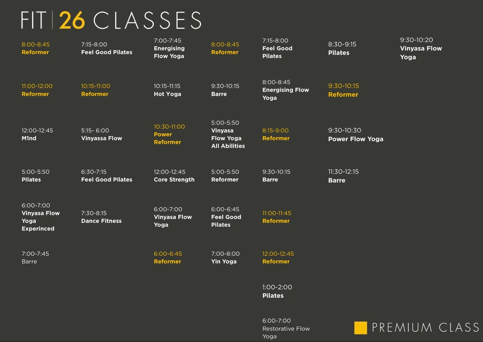 FIT26 studio class timetable — premium classes in gold